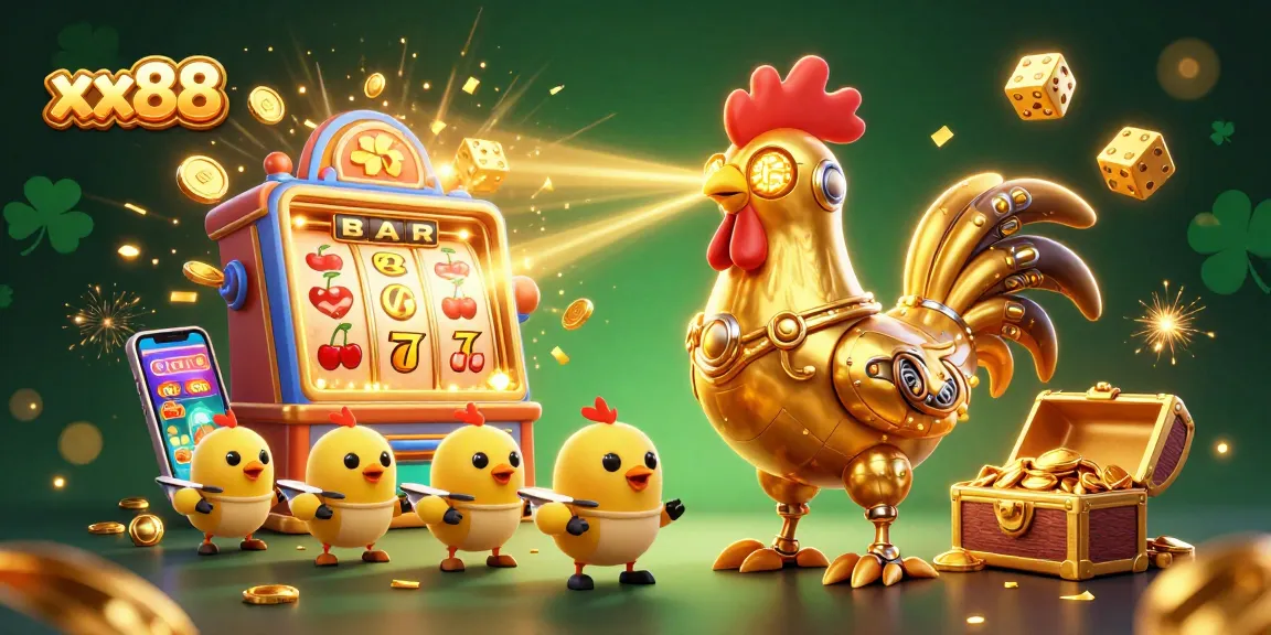 Experience thrilling wins with xx88, a vibrant 3D illustration of a golden rooster robot and baby chick drones in a casino setting.