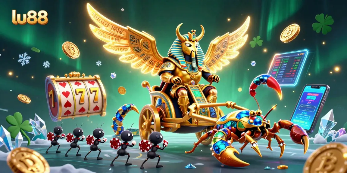 Immerse in lu88's dynamic gaming scene featuring a golden scarab and crypto symbols.