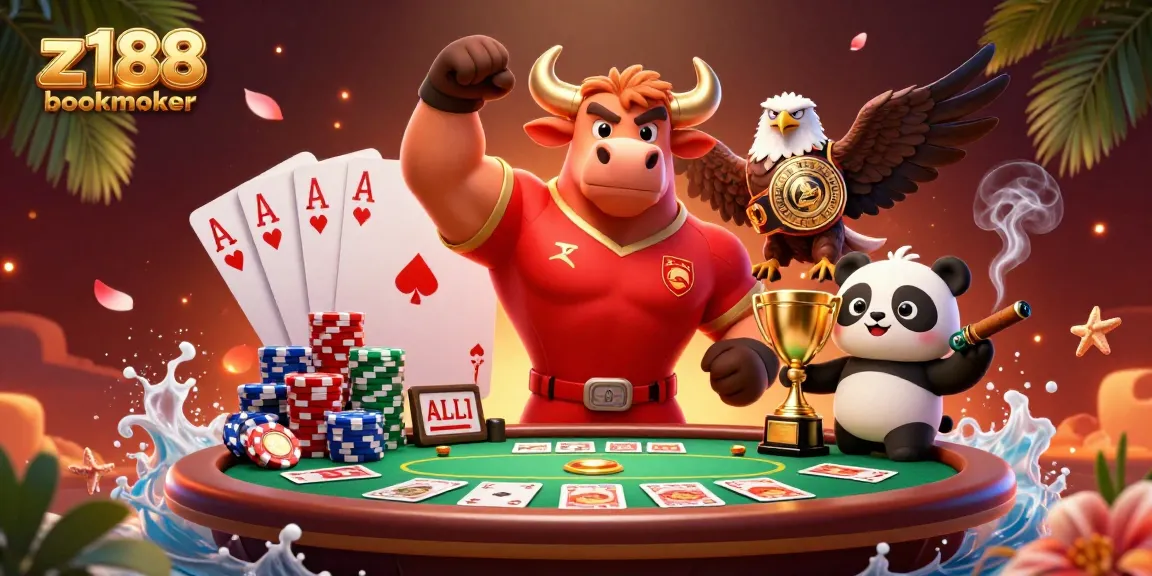 Experience thrilling wins with the z188 bookmaker in this vibrant 3D casino illustration featuring iconic game elements.