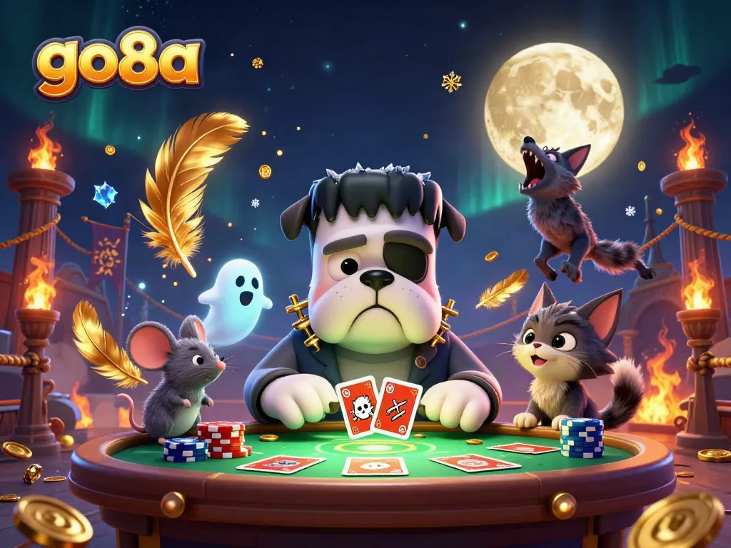 Engage with go8a's thrilling casino scene featuring a cartoon monster dealer and playful ghost mouse.