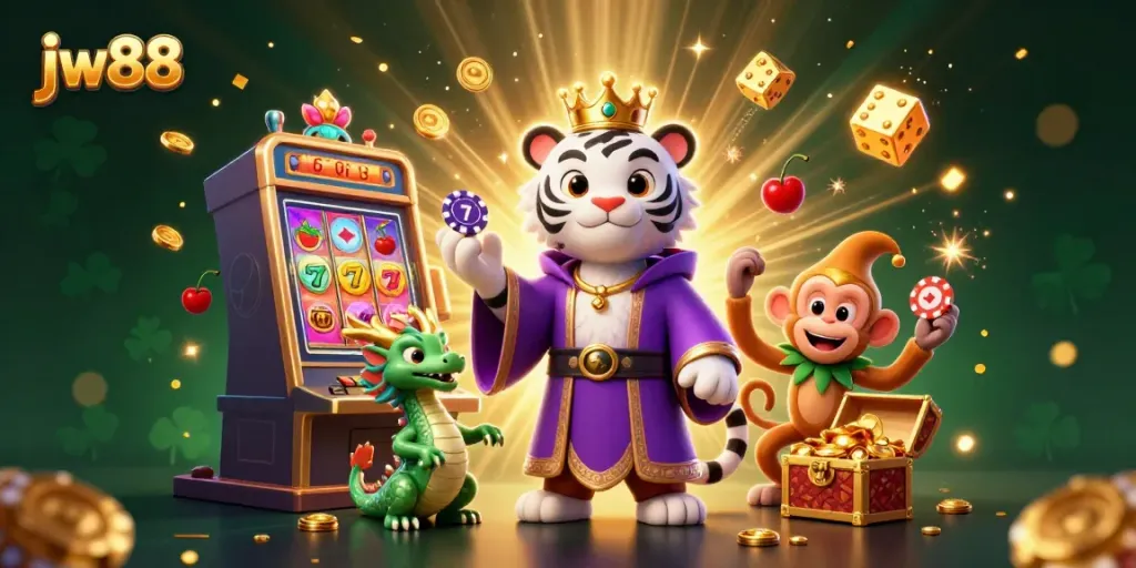 Experience the thrill of jw88 with a vibrant 3D cartoon scene featuring a royal tiger, jester monkey, and jackpot symbols.