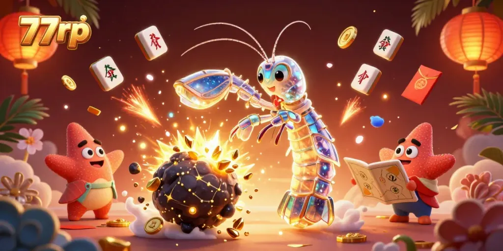 77rp platform showcases a dynamic 3D gambling scene featuring a mantis shrimp navigating through gems and coins.