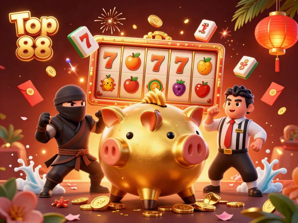 Experience the thrill of Top 88 with a dynamic casino-themed illustration featuring gold piggy bank characters.