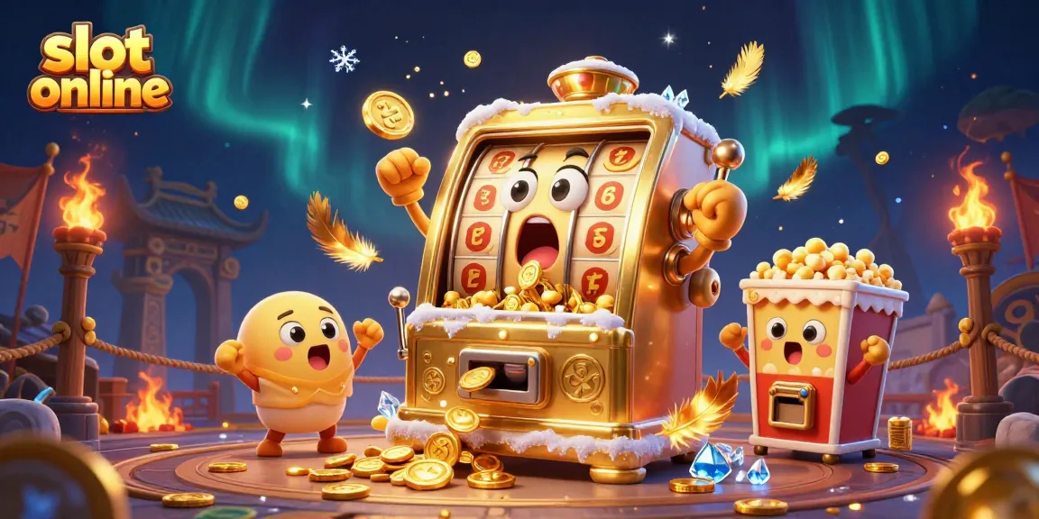 Mesin slot emas besar dan mesin kecil yang merayakan jackpot dalam slot online berkonsep kartun 3D penuh warna.