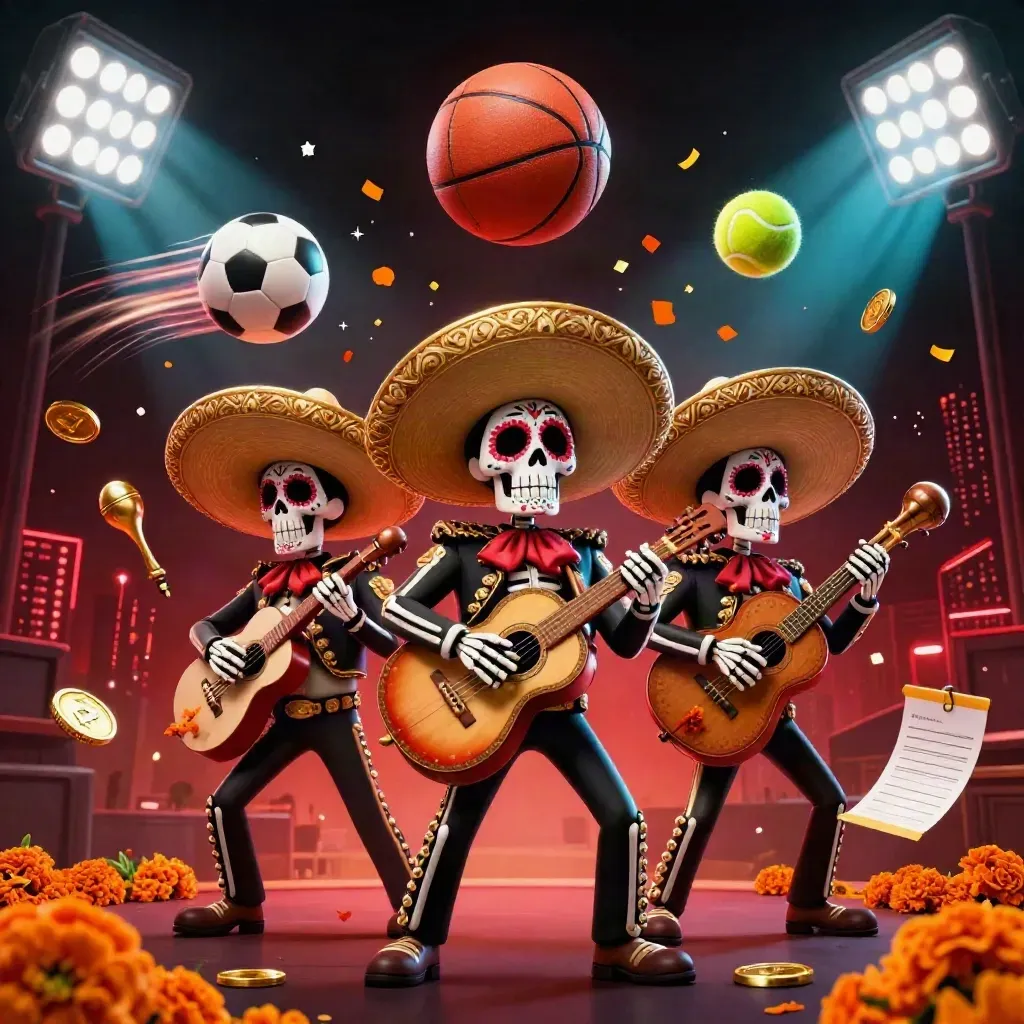 Skeleton mariachi trio amid flying casino balls, gold confetti, and blazing stadium lights.
