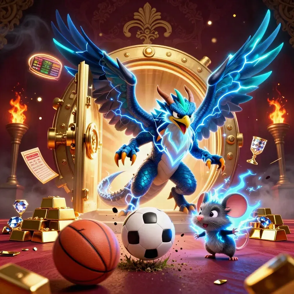 Thunder dragon, hawk and mouse amid gold, lightning and sports props on a dark casino backdrop.