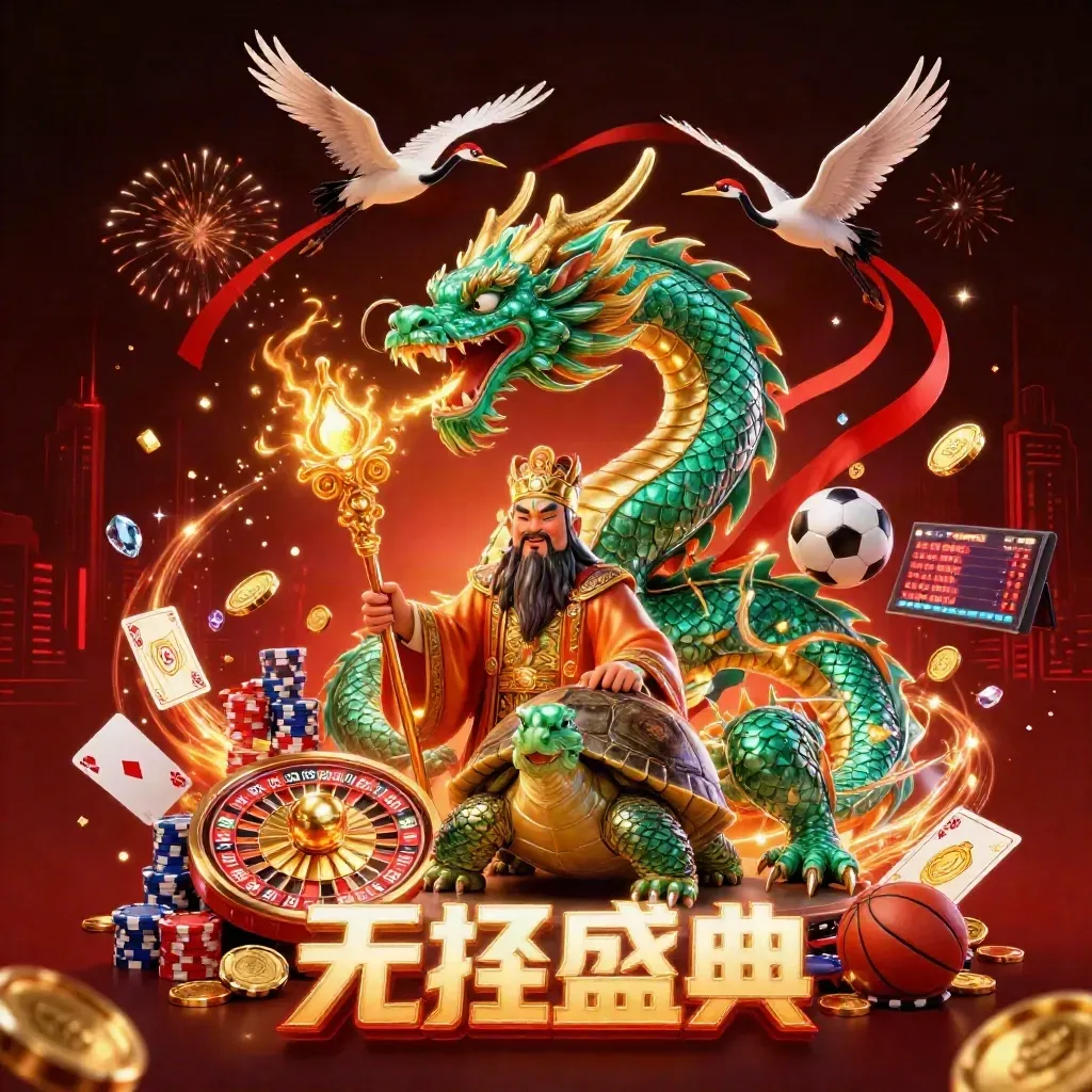Emerald dragon, turtle sage, and cranes amid gold fire, coins, cards, chips, and casino lights.