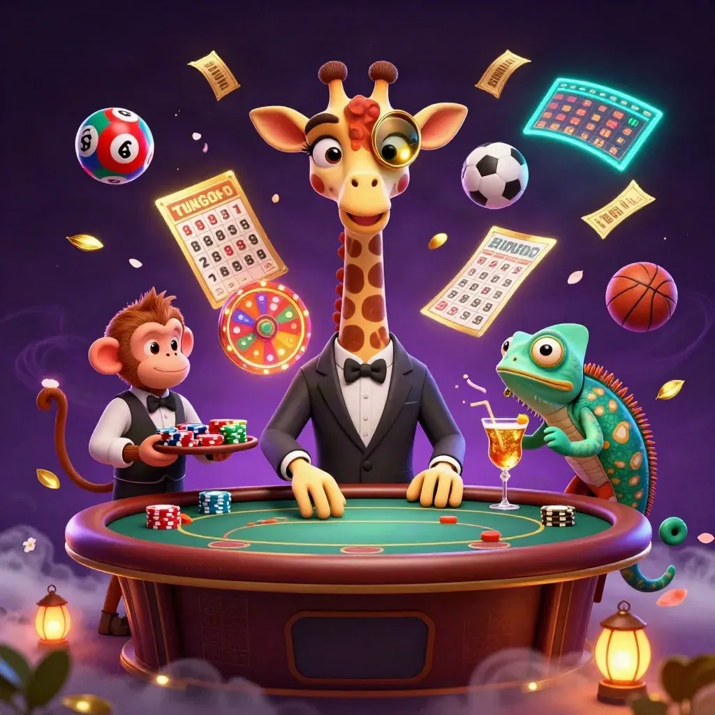 Glamorous giraffe, monkey, and chameleon casino scene with glowing gaming props and neon effects