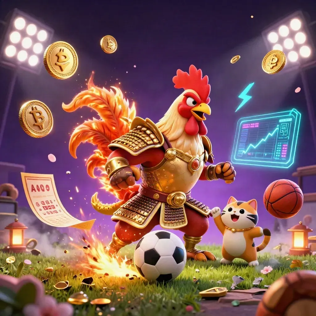 Rooster warrior, dragon hatchling, and fortune cat amid flying balls, coins, sparks, and neon magic.