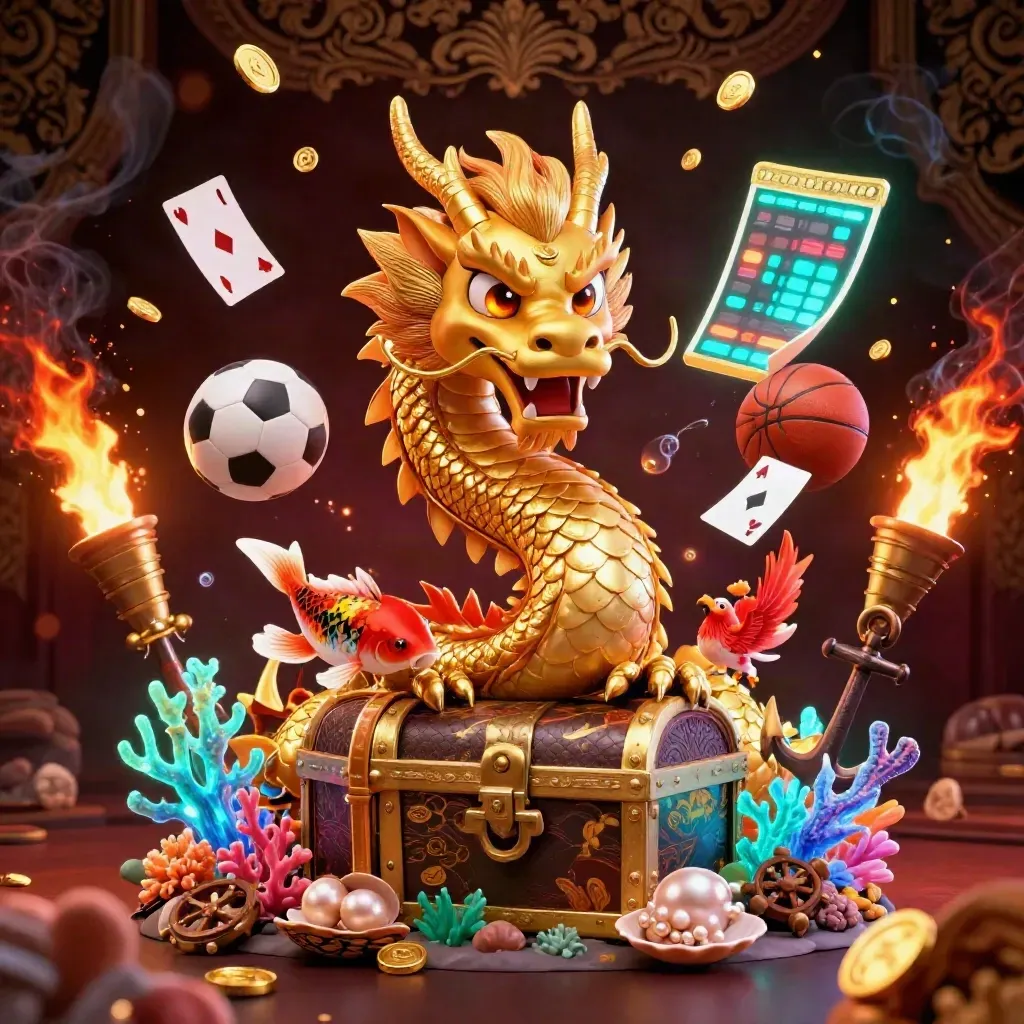 Golden dragon, phoenix, koi, coins and sports balls in a luxe casino treasure cove.