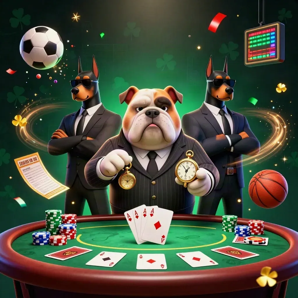 Bulldog boss and Doberman bodyguards amid poker chips, ball, and casino glow
