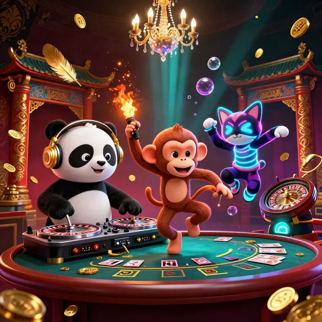 DJ panda, dancing monkey, and glow-stick kitten in a luxe neon casino scene.