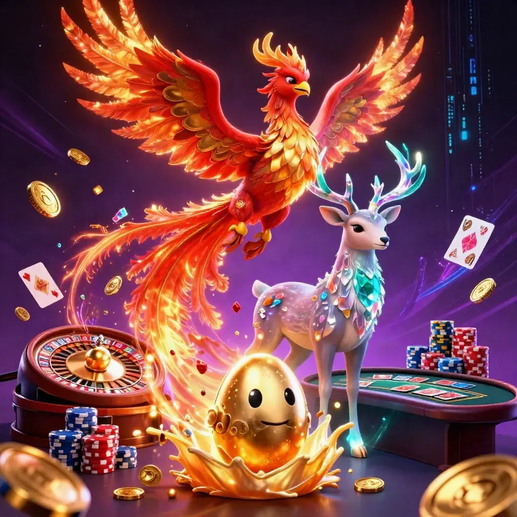 Phoenix, baby phoenix, and crystal stag amid casino gold coins, gems, roulette glow, and neon energy.