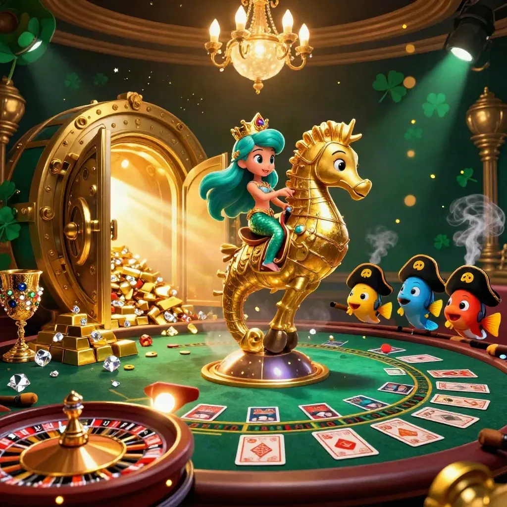 Mermaid princess on a golden seahorse amid treasure, gems, cards, roulette glow, and casino smoke.