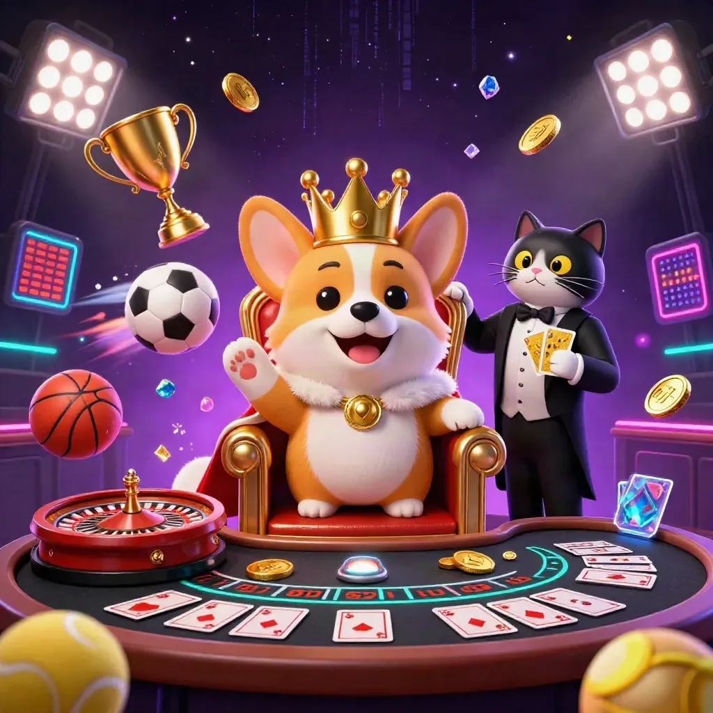 Royal corgi and cat butler in a neon casino with flying sports balls, trophies, coins, and purple magic.