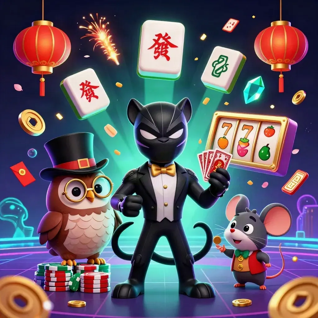 Panther, owl, and mouse deal cards amid jade coins, lanterns, firework bursts, and teal neon glow.