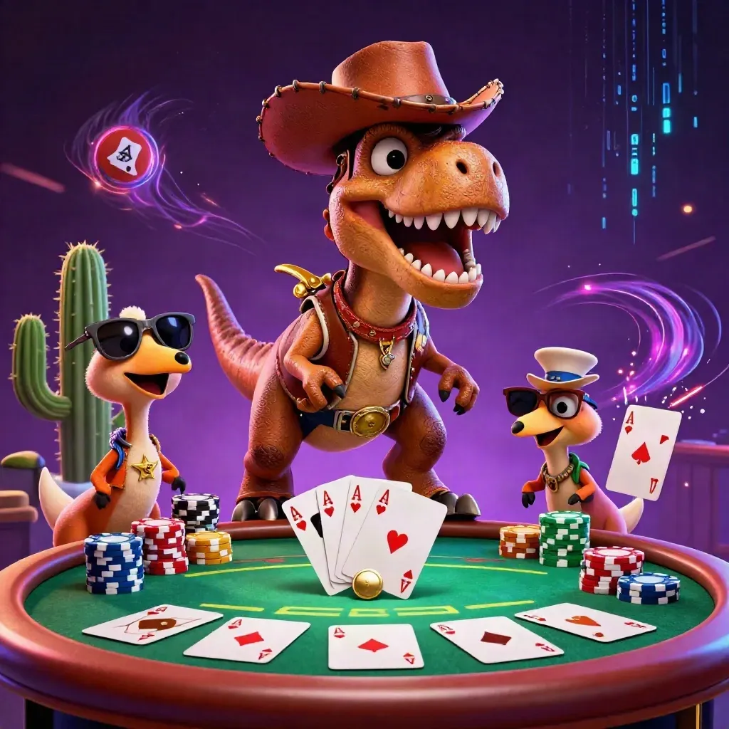 Cowboy T-Rex, cactus sidekick, and roadrunner explode around a neon poker table in casino glow.