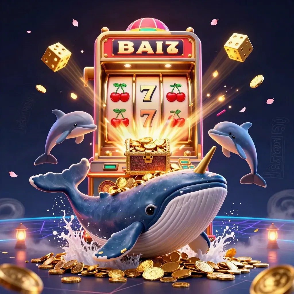 Whale captain, narwhal, and dolphins erupt amid teal casino coins and jackpot effects.