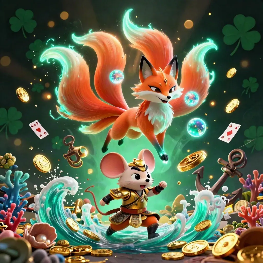 Fox spirit and armored samurai mouse in a treasure cove with coins, coral, cards, and glowing orbs