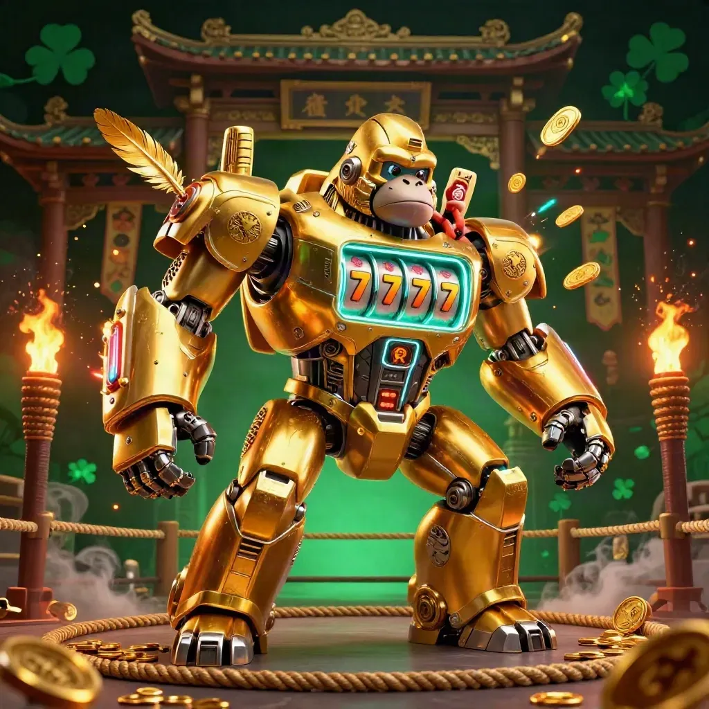 Golden gorilla mech with monkey pilot in temple ring, coins, feathers, embers and neon glow.