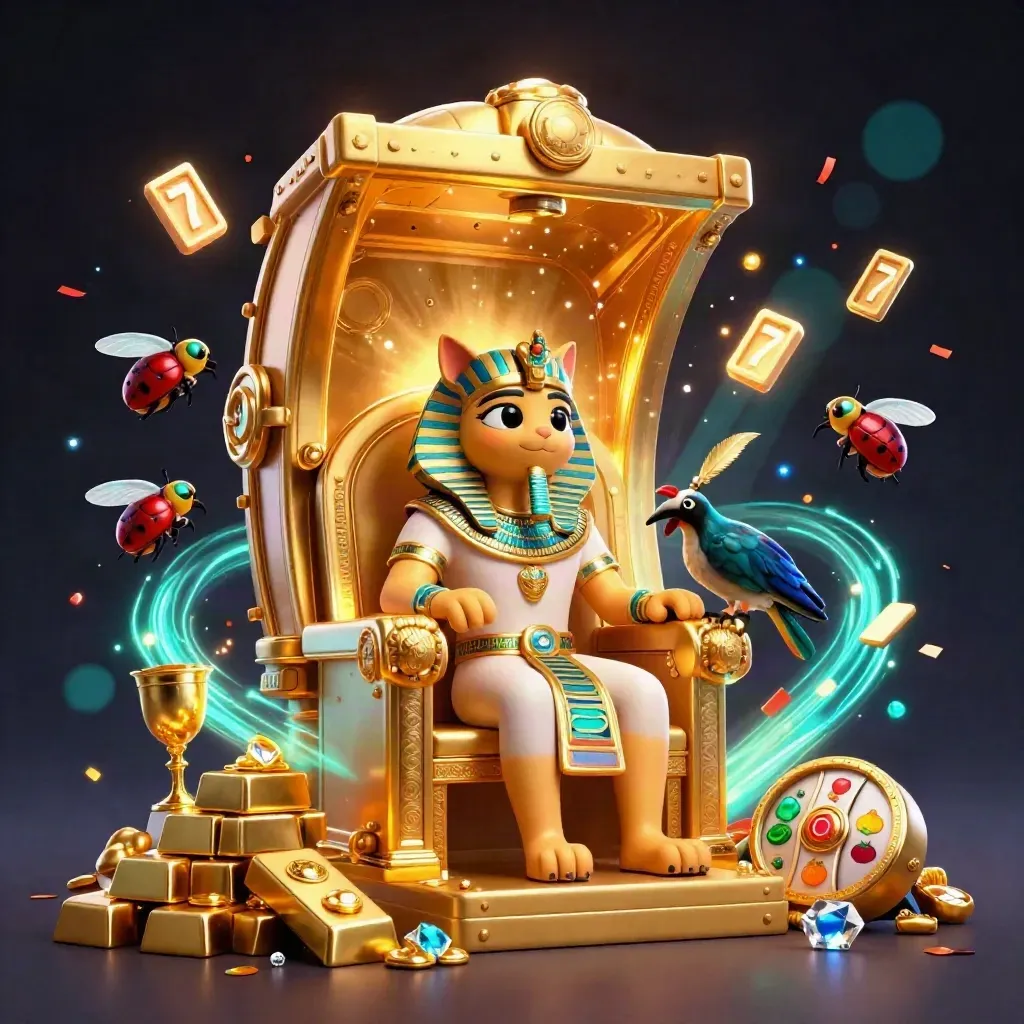 Pharaoh cat, ibis scribe and gem-wing scarabs burst from a golden vault in neon casino glow.