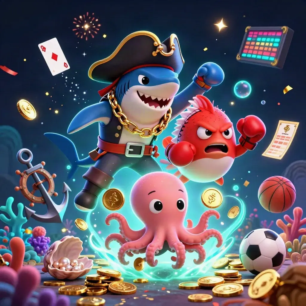 Pirate shark, boxing pufferfish, and coin-juggling octopus amid a treasure burst.