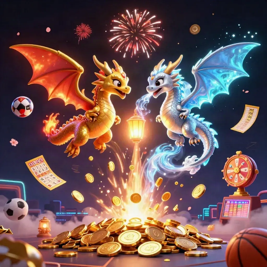 Twin dragons, coins, fireworks, lottery balls, and neon sports betting accents in a casino key-art scene.