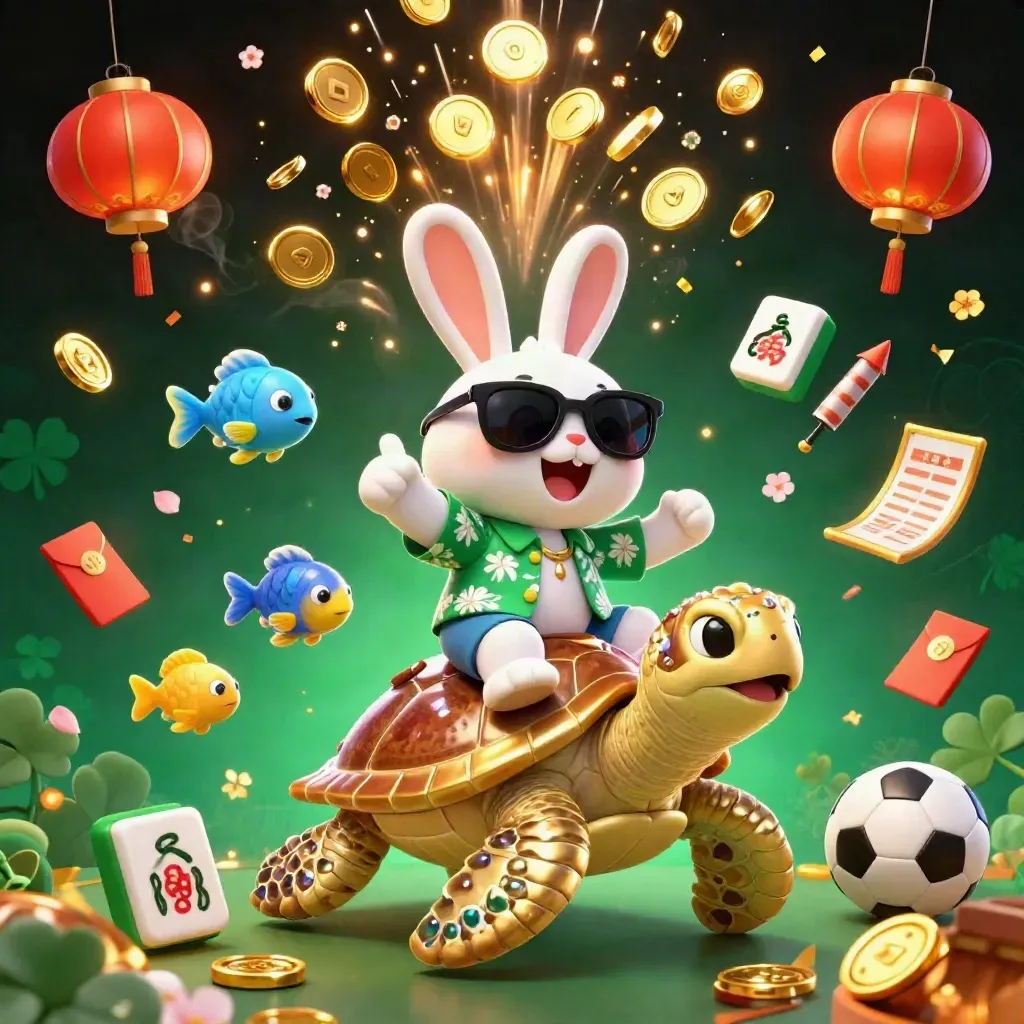Rabbit in shades on golden sea turtle amid coins, lanterns, fireworks, and casino gems.