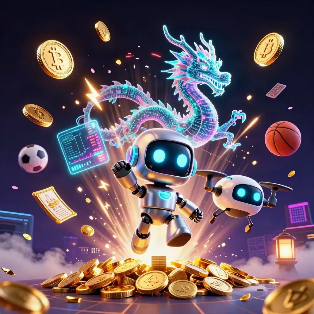 Cyber robot, particle dragon, and coin drone amid gold bursts, crypto coins, fireworks, and casino sports props.