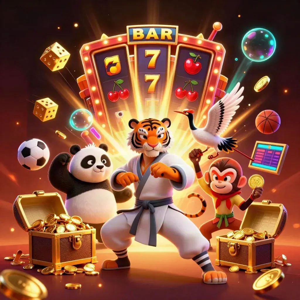 Tiger, panda, and monkey amid bursting slots, gold coins, dice, and casino lights.