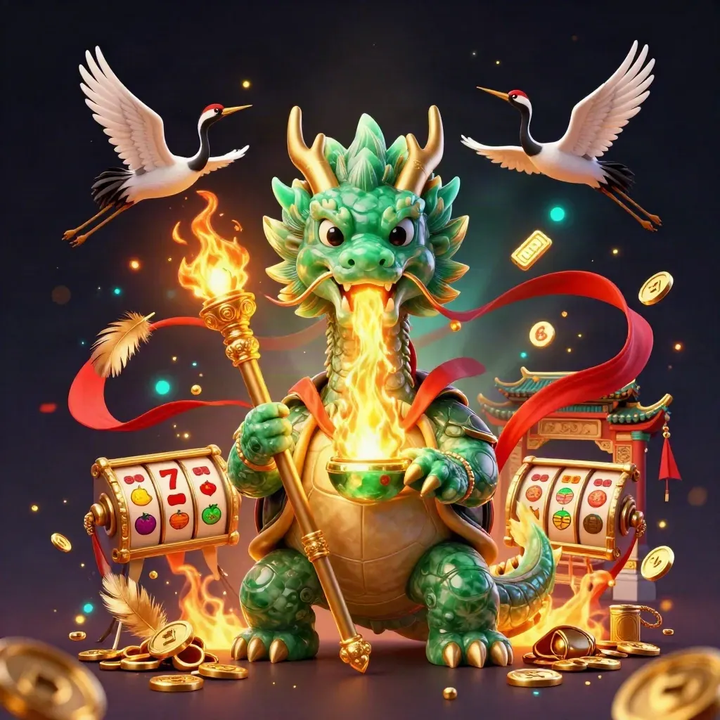 Emerald dragon, turtle sage, and cranes amid gold fire in a neon casino fantasy.