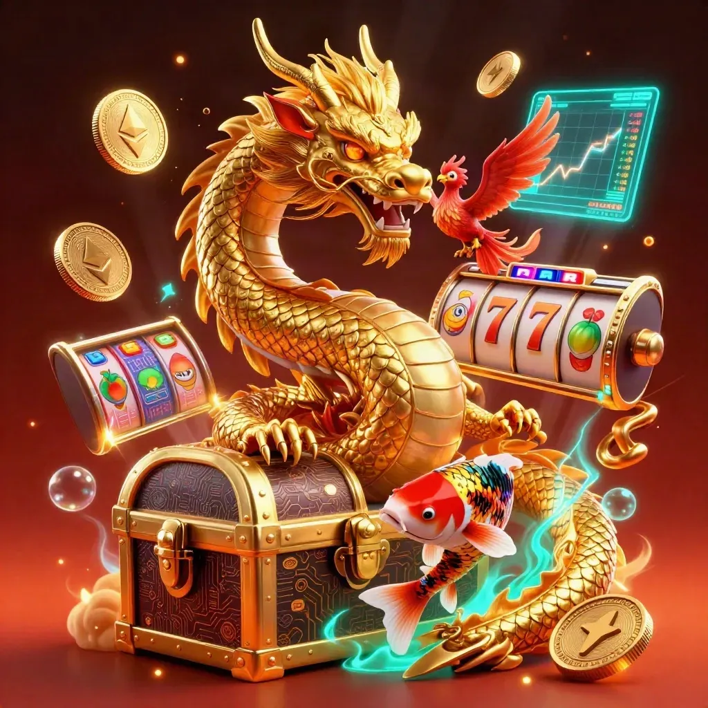 Golden dragon, phoenix, koi, coins and reels bursting in neon casino glow.