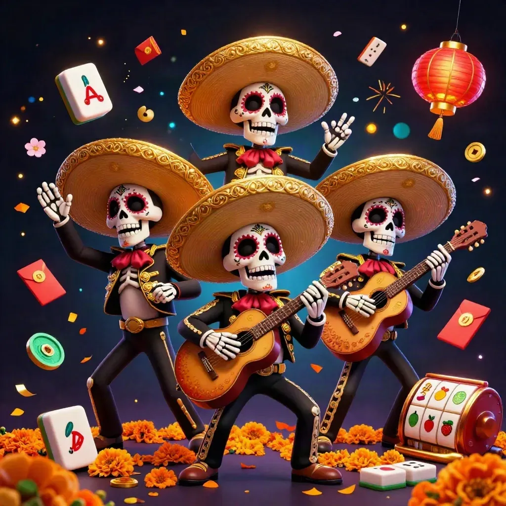 Skeleton mariachi trio with casino effects, gold glow, lanterns, reels, and petals on dark background.