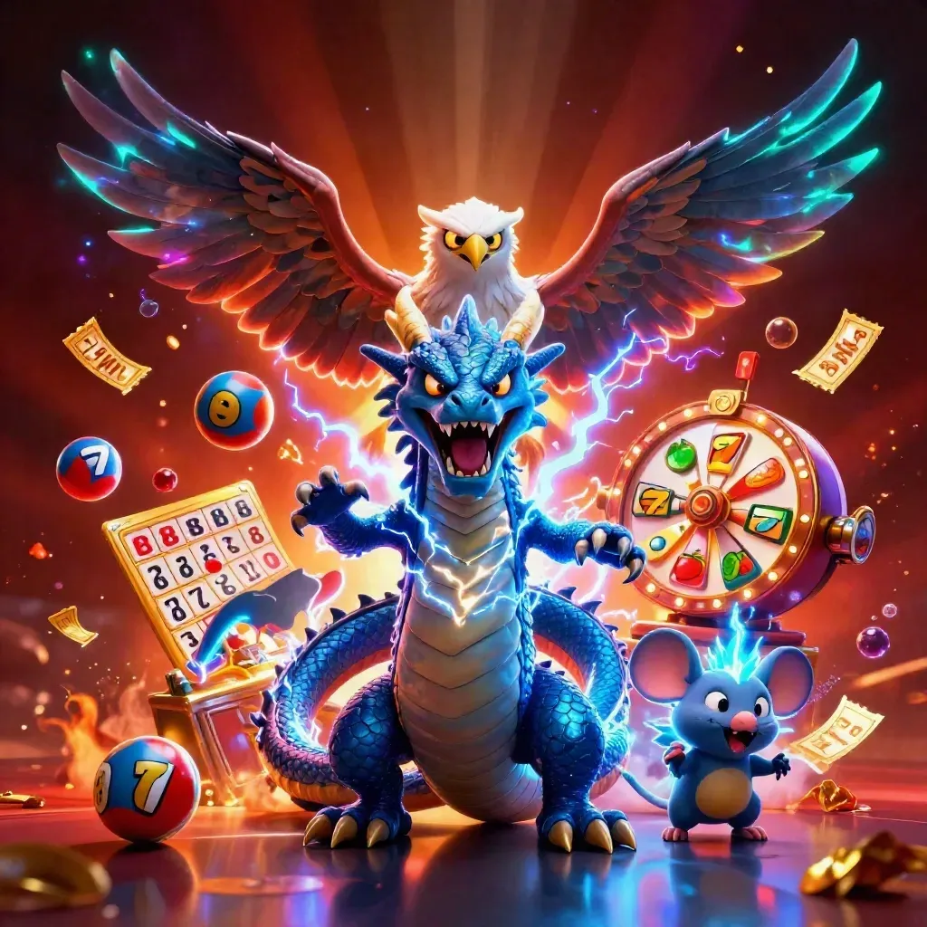 Thunder dragon, wind hawk, and static mouse amid casino symbols and glowing gold lightning.