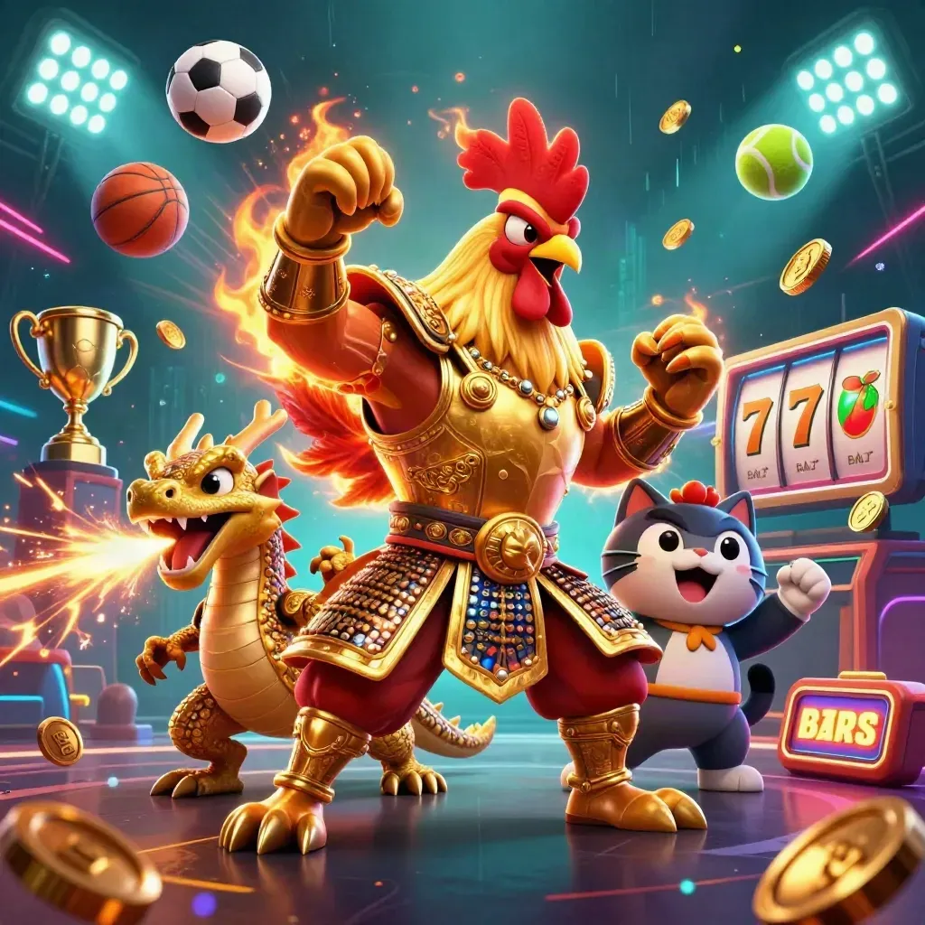 Rooster samurai, spark-breathing dragon hatchling, and cheering fortune cat amid casino effects.
