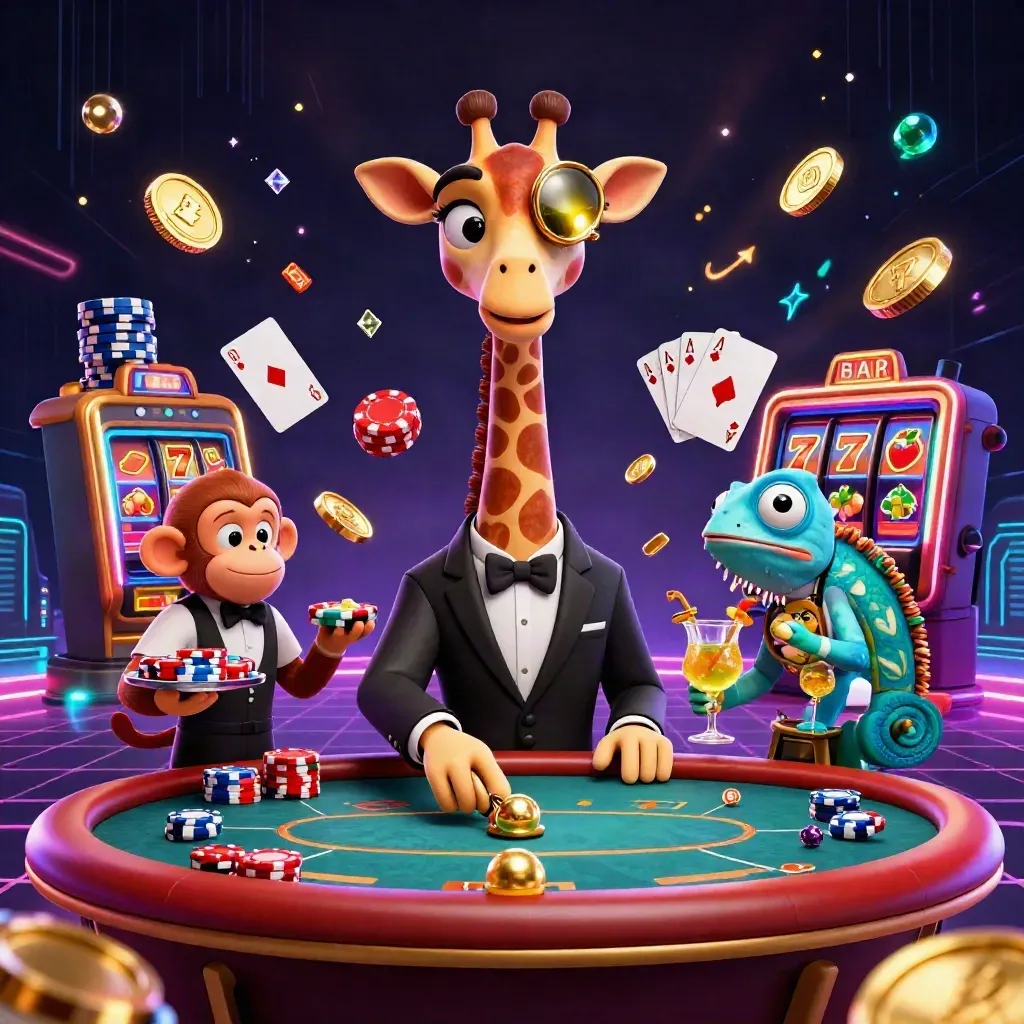 High-roller giraffe, monkey valet, and chameleon bartender amid chips, coins, cards, and roulette