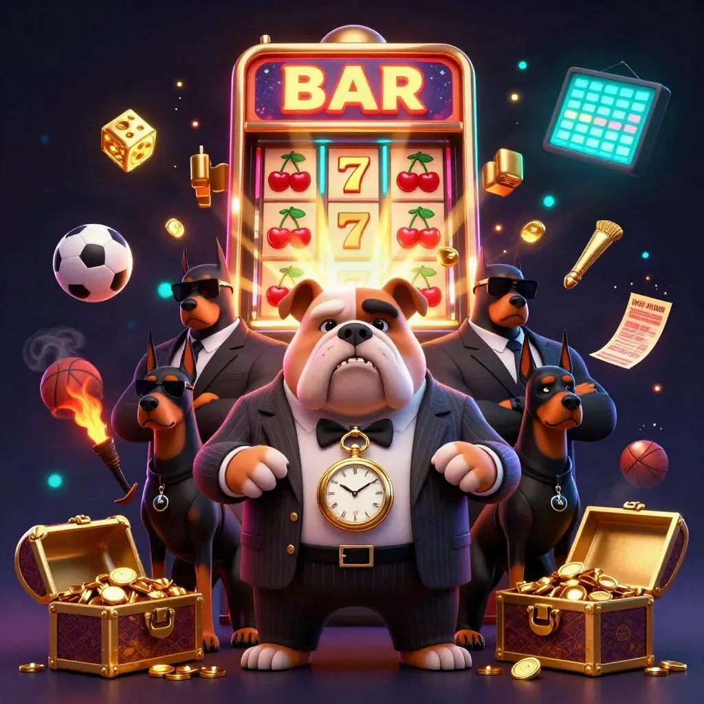 Bulldog boss and Dobermans amid slot explosions, gold, dice, and sports betting icons.