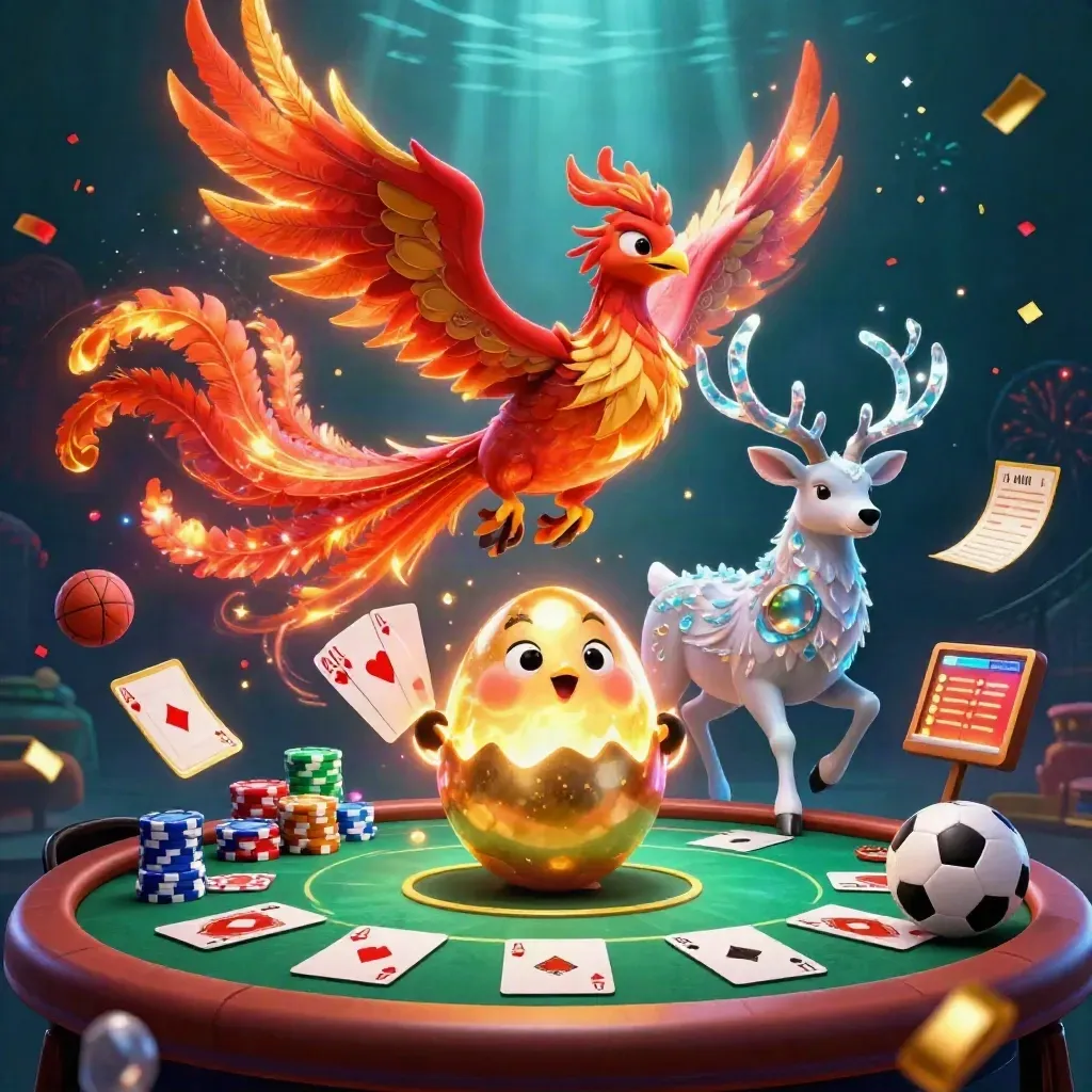 Phoenix, baby phoenix, and crystal stag amid casino chips, cards, and neon energy