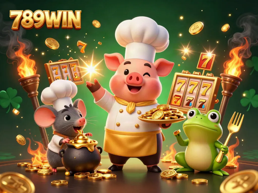 A vibrant scene showcasing 789WIN with cartoon characters celebrating casino wins amidst slot reels and gold coins.