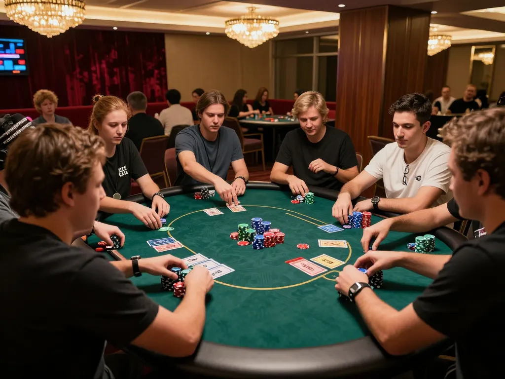 Engaged players strategizing at a lively B52 poker table in a glamorous casino.
