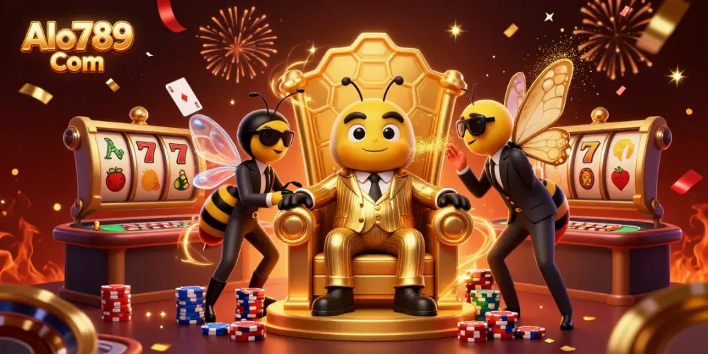 Experience the thrilling excitement at Alo789 Com with casino action featuring vibrant slot reels and festive elements.