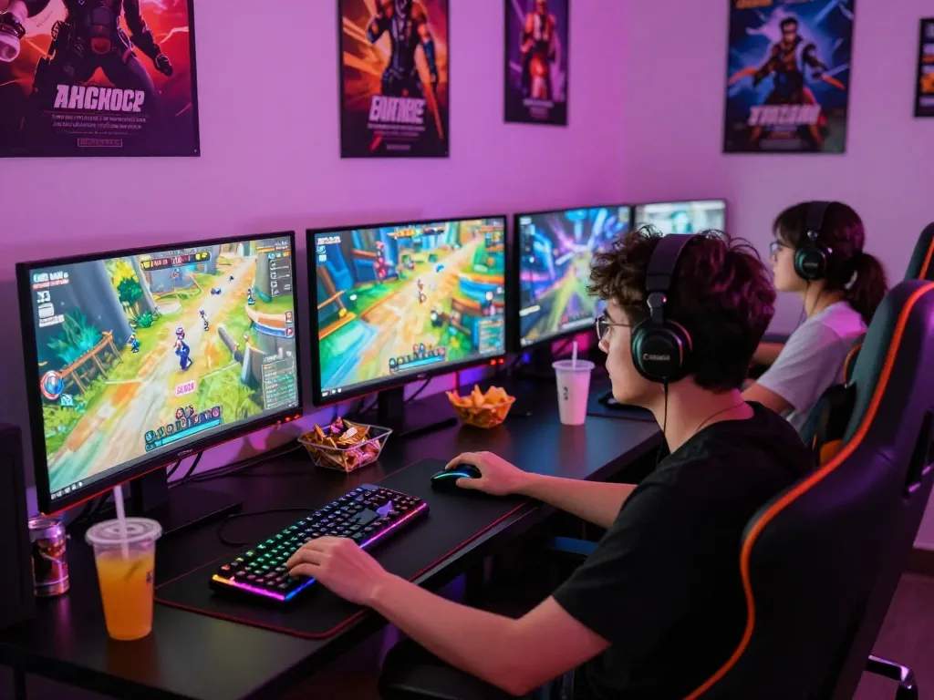 Experience thrilling online porn games in a vibrant gaming lounge with immersive graphics and gaming setup.