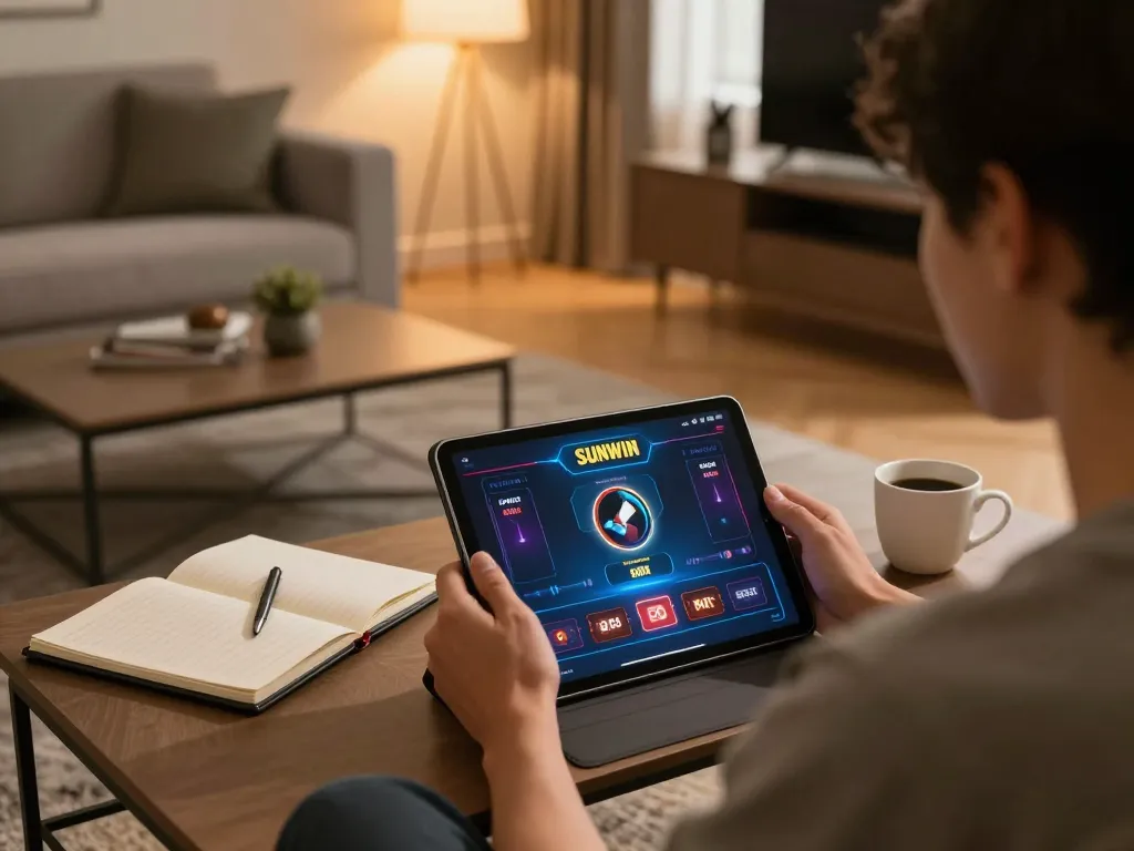Engaged player enjoying secure online gaming on GAME SUNWIN tablet, cozy modern home atmosphere.
