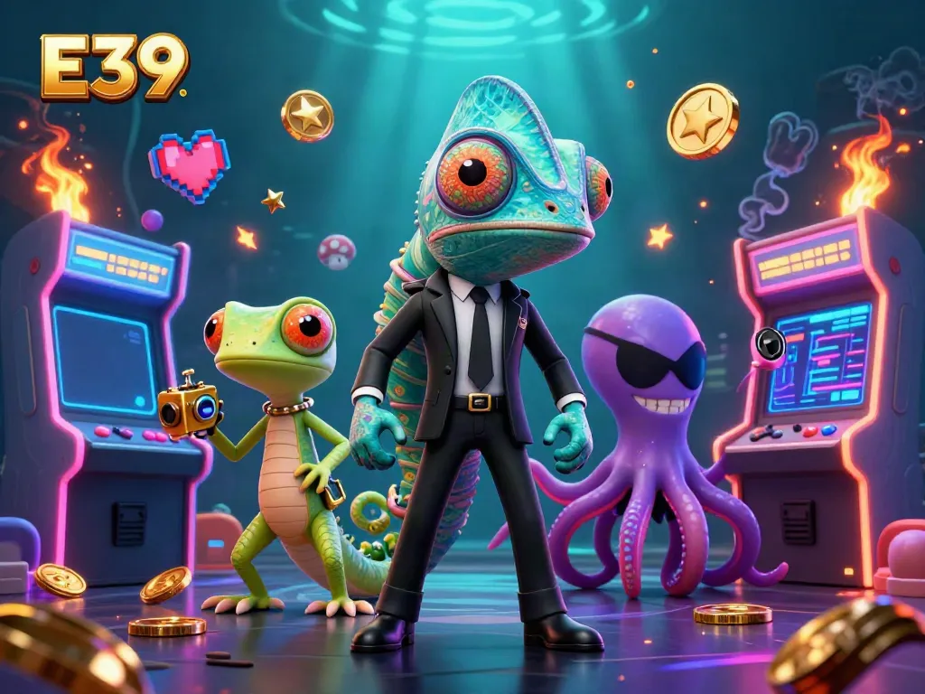 Experience thrilling gameplay at E39 with a vibrant chameleon agent, tech-gecko, and a villainous octopus among dynamic gaming elements.