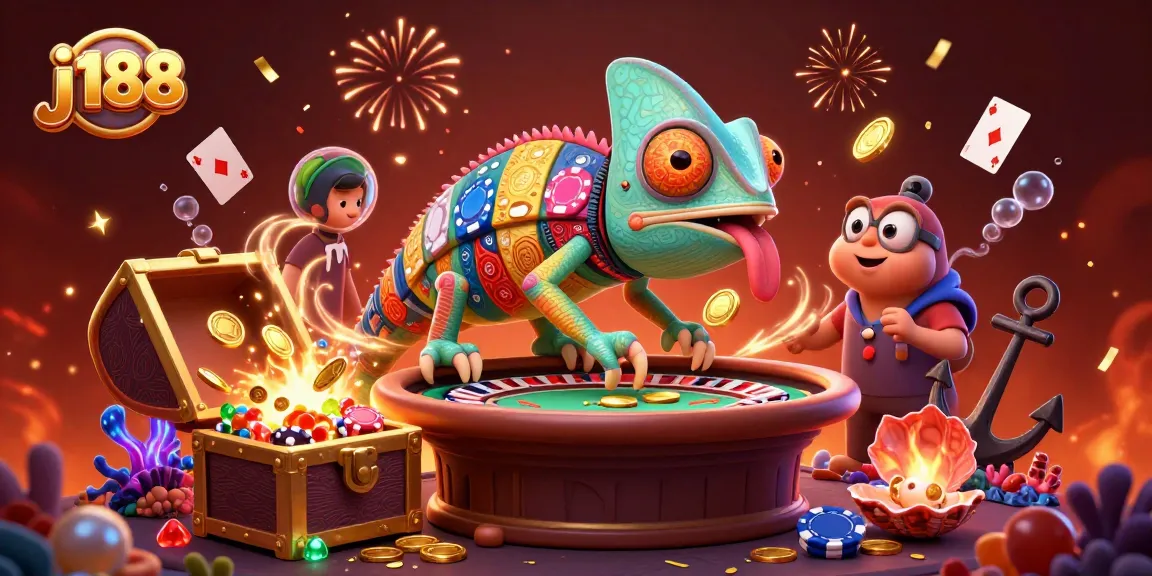 Experience winning fun at j188 with a vibrant casino scene featuring an animated chameleon and treasure.