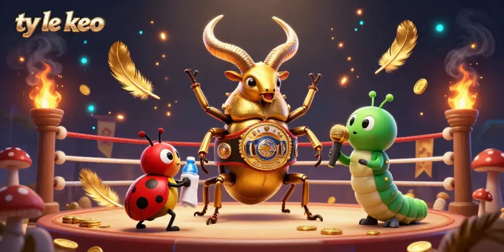 Discover ty le keo strategies with a vibrant illustration of a boxing beetle and dynamic betting elements.