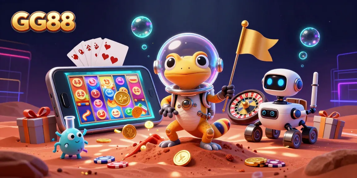 Experience GG88's thrilling casino adventure in a vibrant 3D scene featuring unique characters.