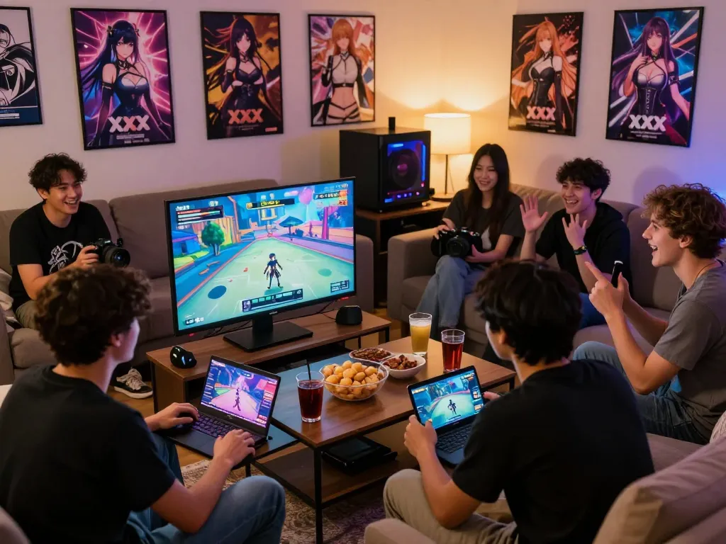 Friends enjoying xxx games together in a vibrant living room setting filled with snacks and laughter.