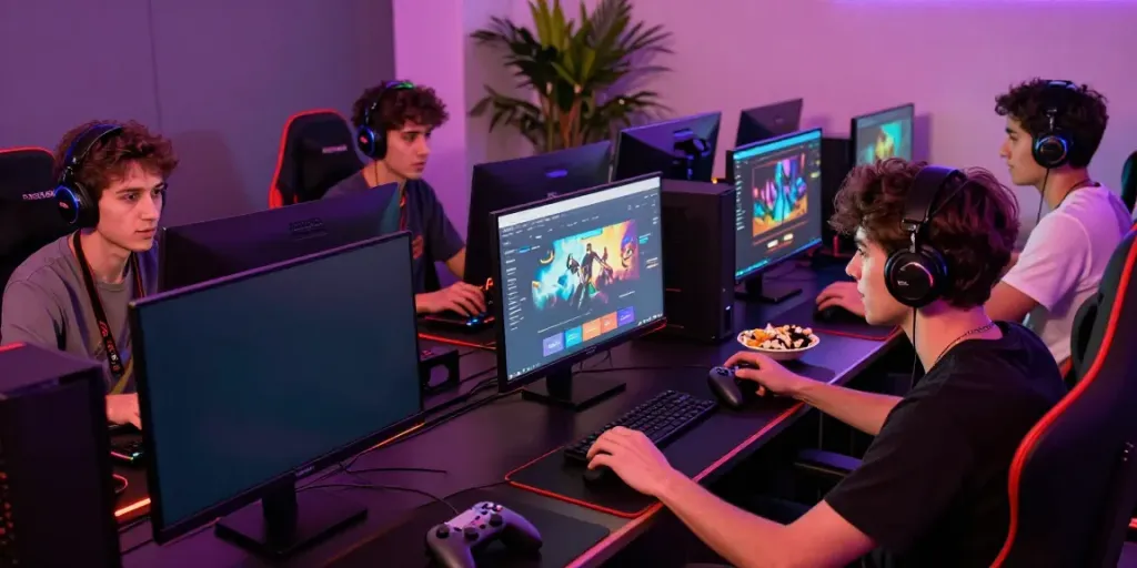 Young adults enjoying immersive gaming experience at https://hitclub3.io/ with colorful screens and snacks.