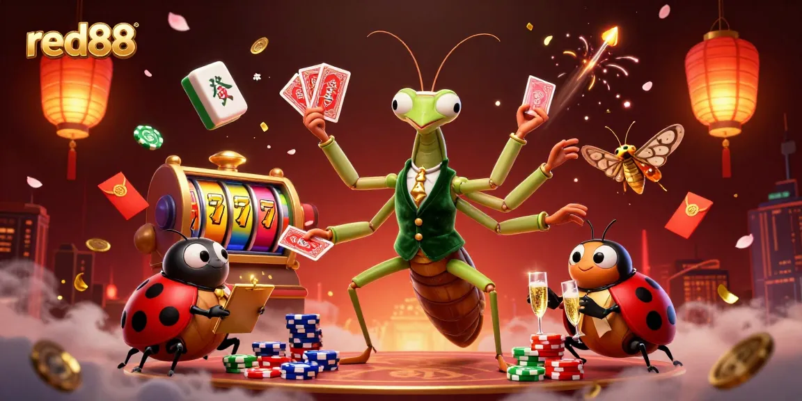 Engage with red88 as a giant mantis card sharp and ladybug pit boss animate a vibrant casino scene.